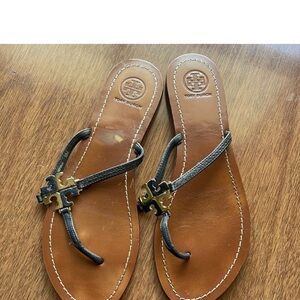 Tory Burch Brown Leather Sandals with Black Straps & Gold Logos